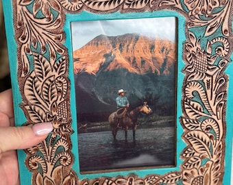 Turquoise Tooled Leather Photo Frame: Western Cowboy Decor