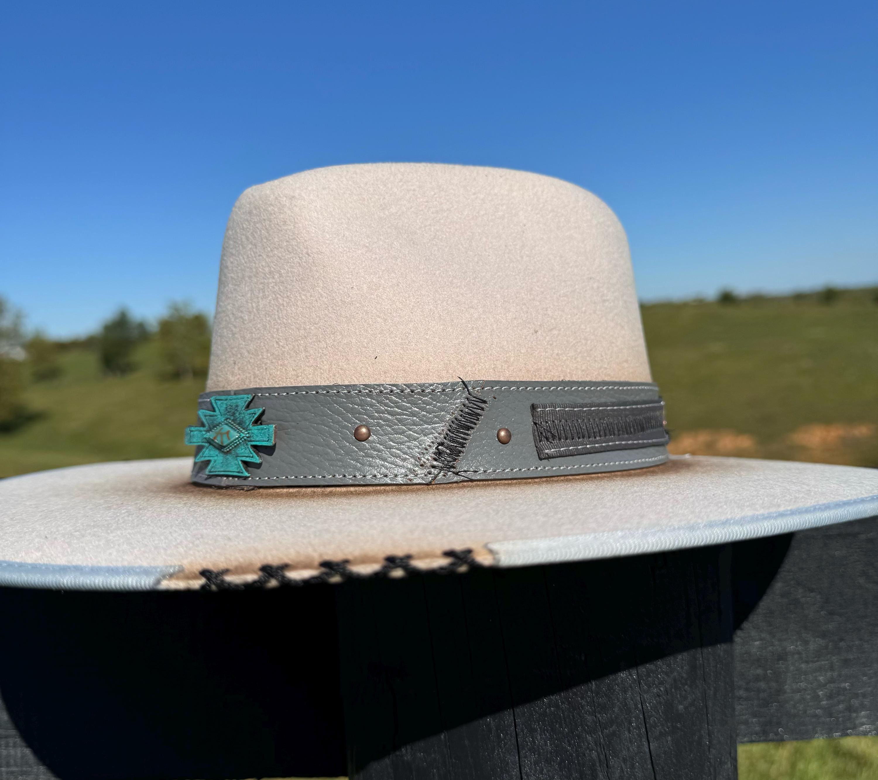 Women\'s Wide-Brim Felt Fedora Hat with Turquoise Concho Band - Gray Oceanus Wide Brim Wool Felt Fedora Hat – Village Hat Shop main image 3