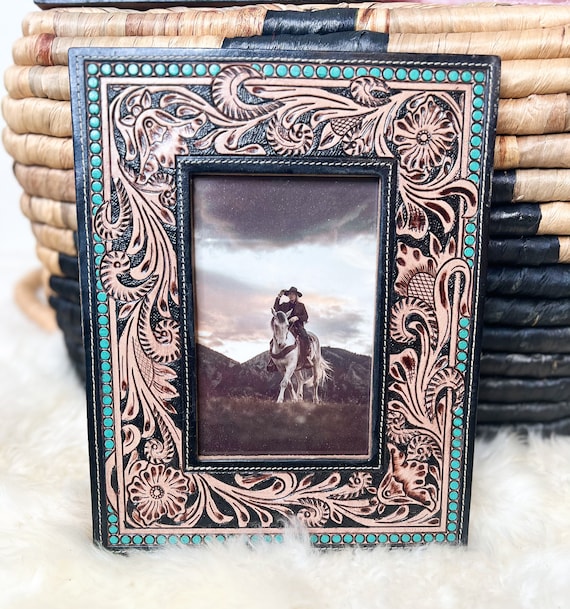 Hand Tooled Leather Photo Frame Western Cowgirl Cowboy Wedding Christmas or Fathers Day Gift Bridal Shower New Baby Family Photo