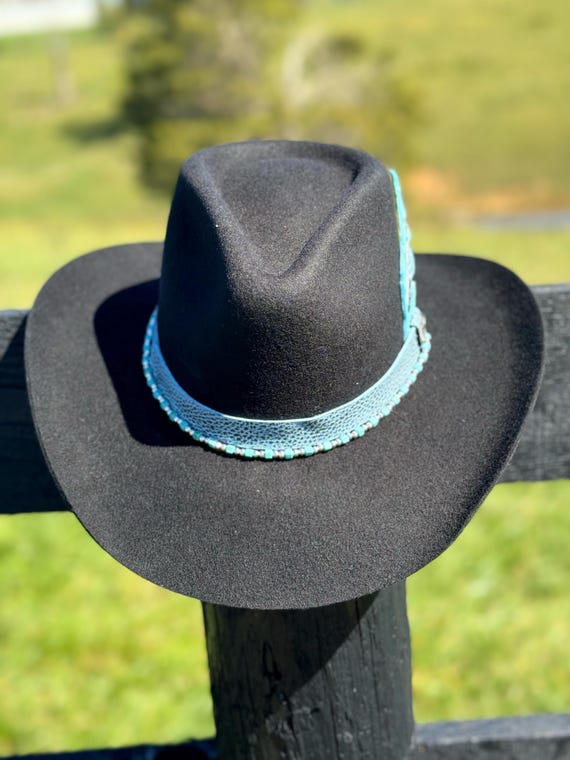 Black Wool Fedora: Western Hat With Turquoise Bead & Leather  display picture 2