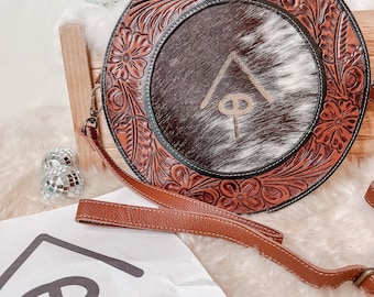 Custom Branded Cowhide Tooled Leather Round Crossbody Purse