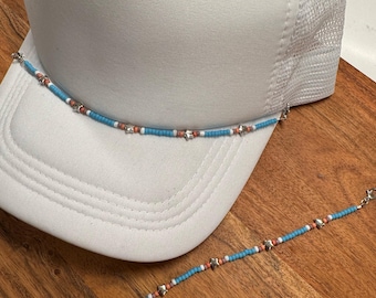 Coral & Turquoise Seed Bead Trucker Hat Chain with Silver Stars