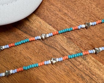 Coral & Turquoise Seed Bead Trucker Hat Chain with Silver Stars