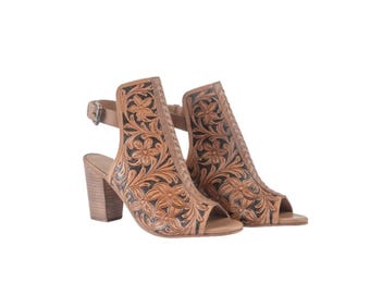 Brown & Black Tooled Leather Wedge Sandals: Western Dress Shoes