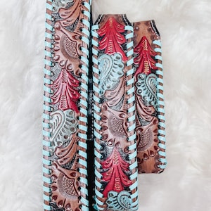 Collar para perro de cuero turquesa y rojo hecho a mano