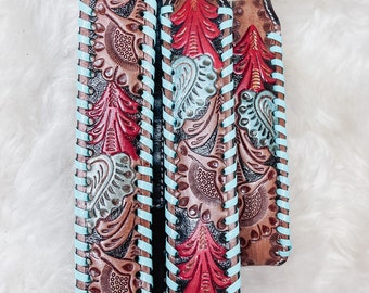 Hand Tooled Turquoise & Red Leather Dog Collar Adjustable