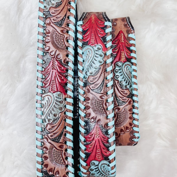 Collar ajustable para perro de cuero turquesa y rojo hecho a mano