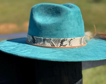 5517 Felt Fedora Western Cowboy Hat For Women Men With Turquoise Band, Rolled Turquoise Fedora Hat: Western Cowgirl Style With Snakeskin  main image 2