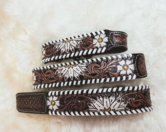 Hand-Tooled Daisy Leather Dog Collar, Western Floral, Padded, Adjustable XS–XL
