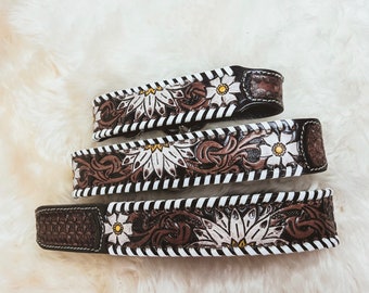 Hand Tooled White whipstitched Daisy Leather Western style Dog Collar