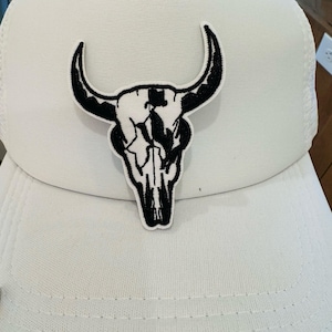 Parche termoadhesivo bordado con calavera de vaca en blanco y negro, parche para gorra de camionero, parche para gorra vaquera, parche para gorra vaquera, parche para gorra vaquera