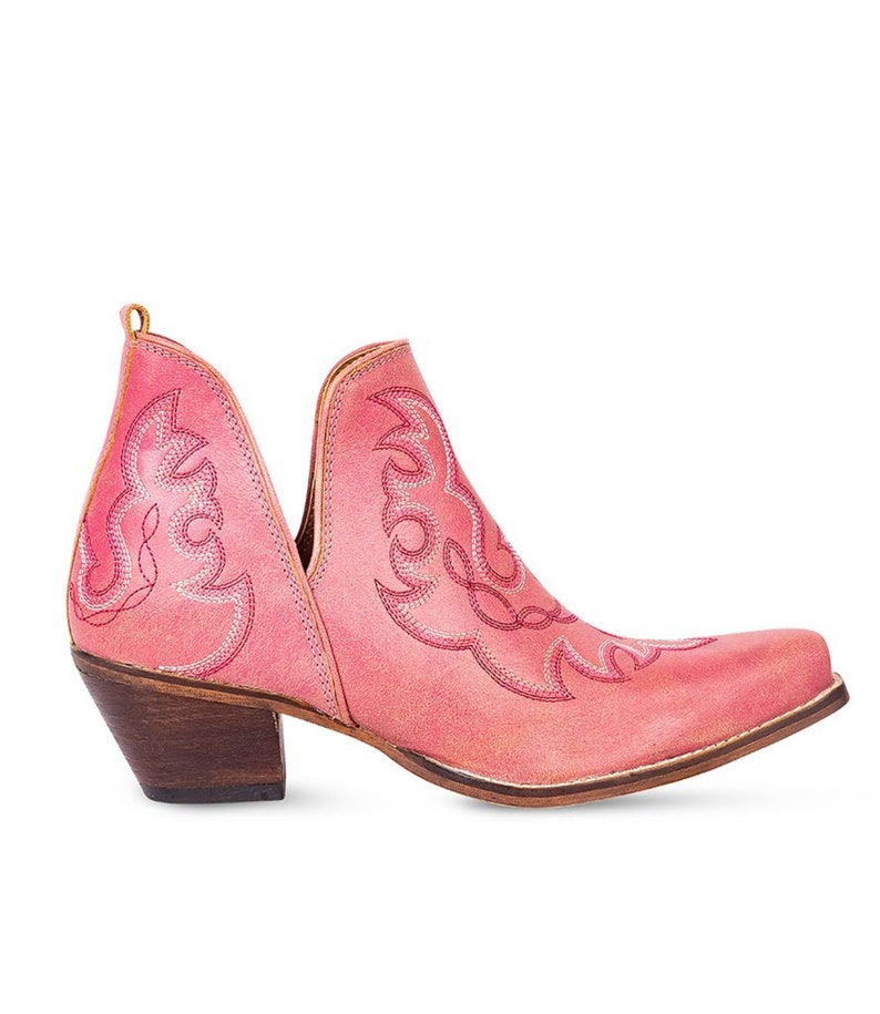 Traditional Western Flame stitched Leather Bootie Ankle Boots Pink White Blue Turquoise Brown & Red Cowgirl Boots image 2