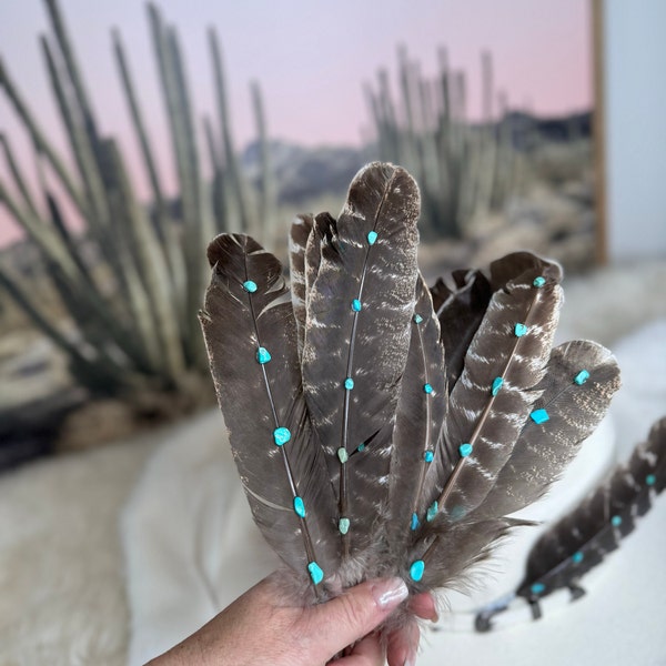 Genuine Turquoise stones on Turkey feather, Hat Feather, Decorated Hat Feather, Cowboy Hat Accessories, Cowboy Hat Feather, Natural Feather