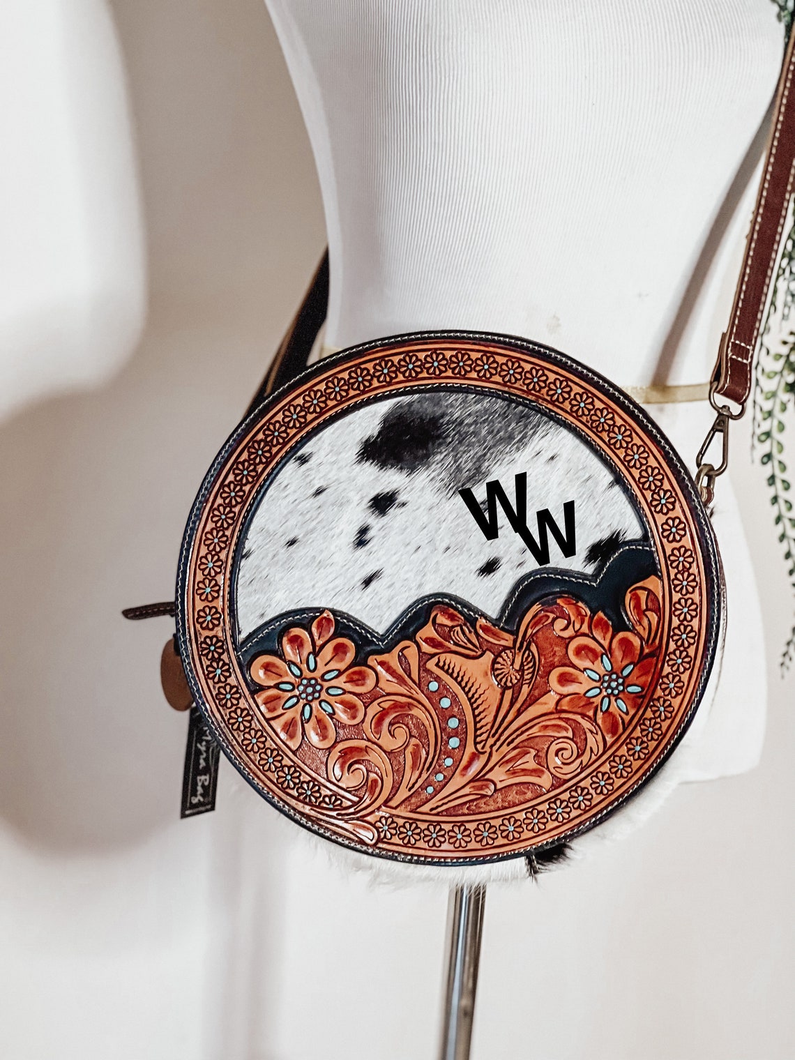 Custom Branded Cowhide Tooled Leather Round Crossbody Purse Etsy