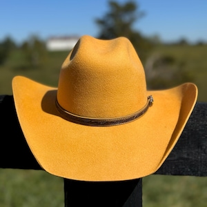 Könnte beinhalten: Ein gelber Cowboyhut aus Filz mit einem braunen Lederband. Der Hut sitzt auf einem schwarzen Zaun.