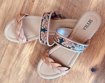 Sandalias trenzadas de cuero repujado: sandalias vaqueras estilo western