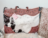 Western Cowhide & Tooled Leather Weekender Tote Bag Travel