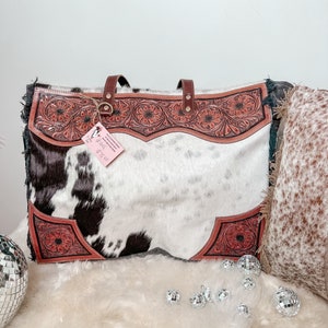 Western Cowhide & Tooled Leather Weekender Tote Bag Travel Custom Branded Farm Brand Cow Brand Initials Cow Print