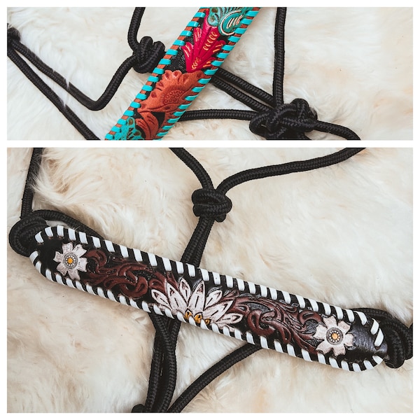 Hand Tooled Leather Adjustable Rope or Shipping Halter Horse Tack Red & Turquoise or White Daisy Pattern