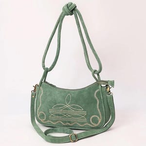Cartera de mano estilo western con puntadas de bota de gamuza verde musgo, regalo para ella