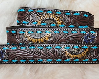 Hand Tooled Turquoise & Sunflower Western style Leather Dog Collar Farm Dog Cattle Dog