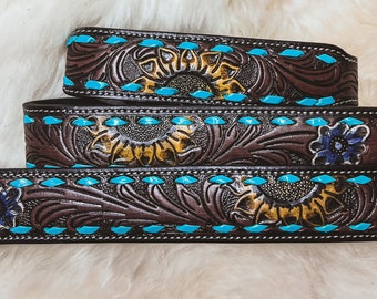 Hand Tooled Leather Dog Collar: Turquoise Sunflower Western Style