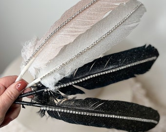 Hand Painted Rhinestone Glitter Black or White Hat Feather Accessory Cowgirl Hat Decoration Choose Gold, Rose Gold, or Silver Glitter
