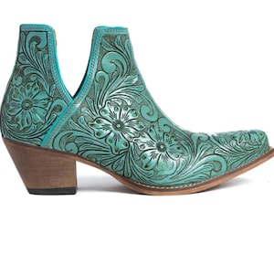 Leren enkellaarsjes met western-tools Turquoise cowgirl-laarsjes Leren enkellaarsjes met bewerkte leren laarsjes trouwlaars bruidslaars