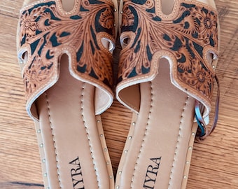 Tooled Leather Floral Slide Sandals – Brown Western Cowgirl Slip-On, Hand-Tooled Leather, Boho Summer Shoes