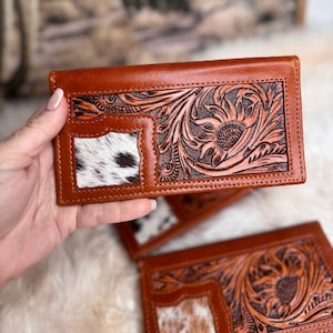 Carteira estilo talão de cheques com marca personalizada, masculina ou feminina, carteira ocidental, couro de vaca, couro trabalhado, presentes para o pai, marca de fazenda, marca de gado