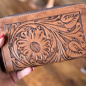 Cartera de cuero repujado con cremallera para mujer, estilo western, billetera vaquera, regalos para mamá