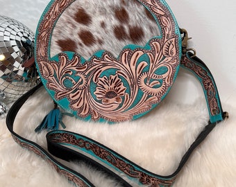Custom Branded Cowhide Turquoise tooled Leather Western Round Crossbody Canteen Purse Initials Monogram Farm or Cow Brand