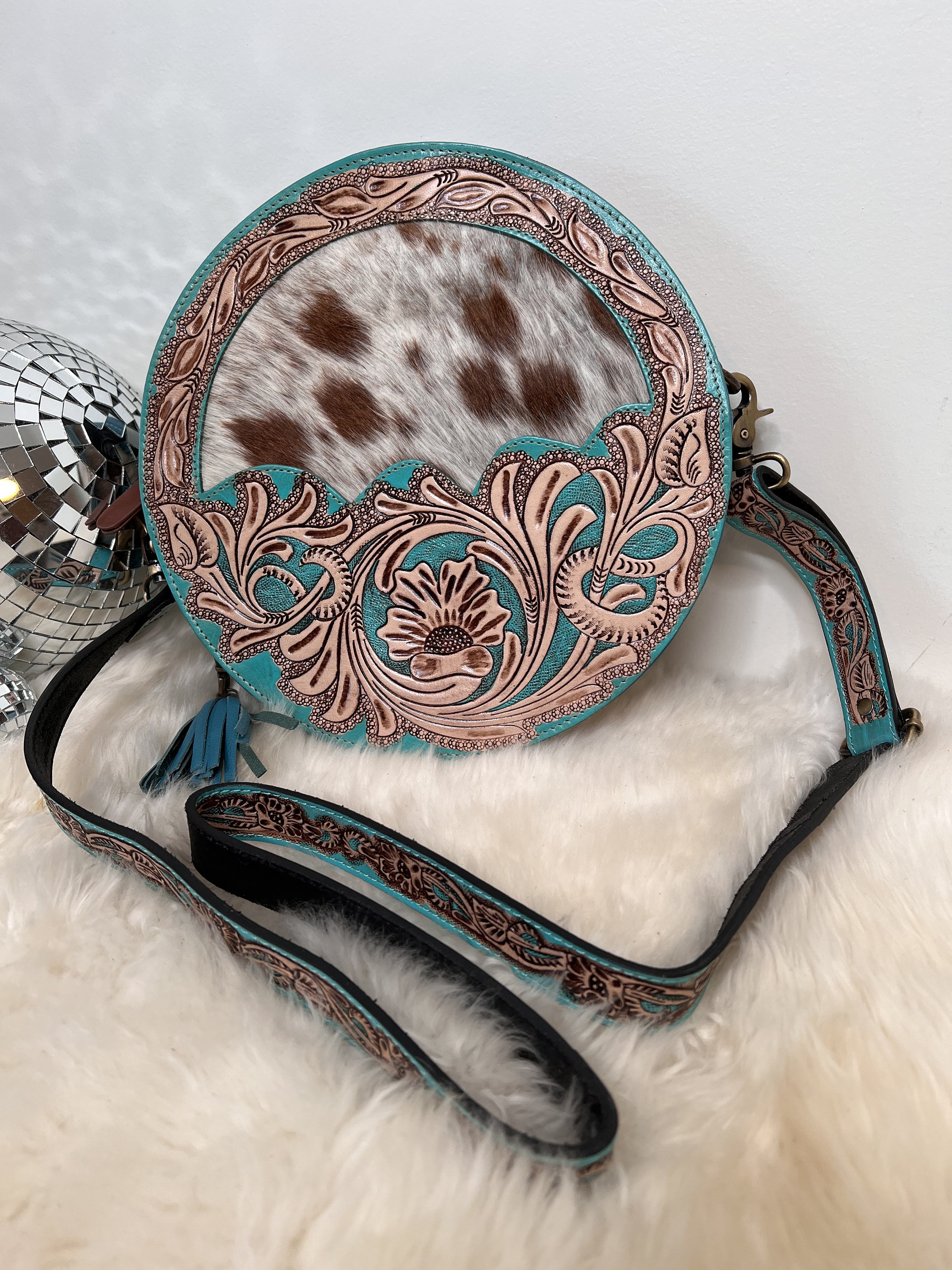 Round Tooled Canvas Leather Cowgirl Animal Print Western Cowhide Crossbody  Purse