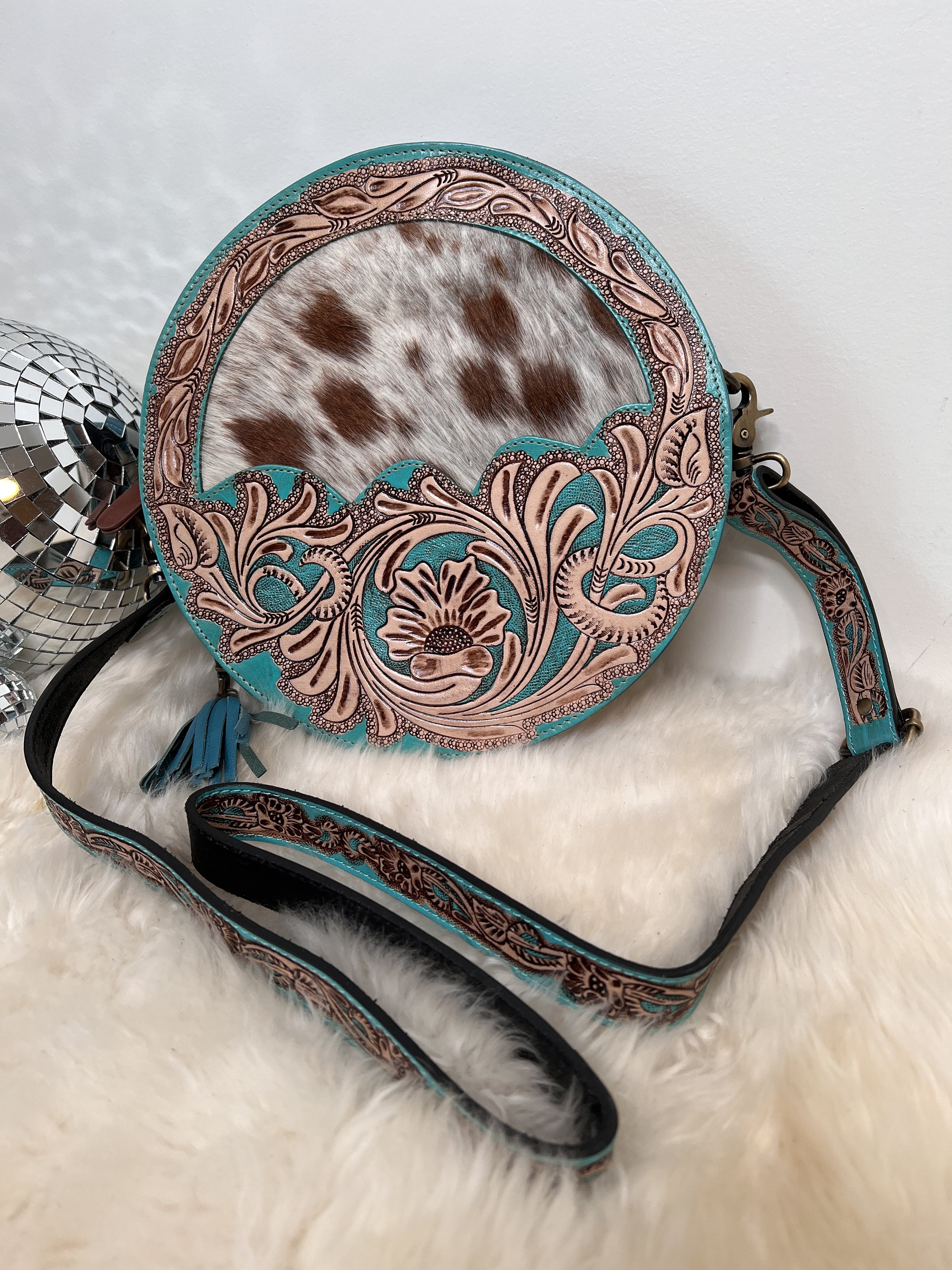 Turquoise Chateau and Cowhide Crossbody Purse