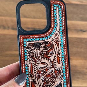 Tooled Leather Sunflower iPhone 15 Pro Case: Western Turquoise