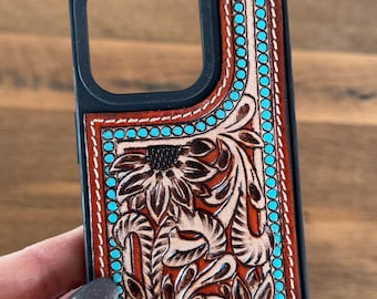 Tooled Leather Sunflower iPhone 15 Pro Case: Western Turquoise