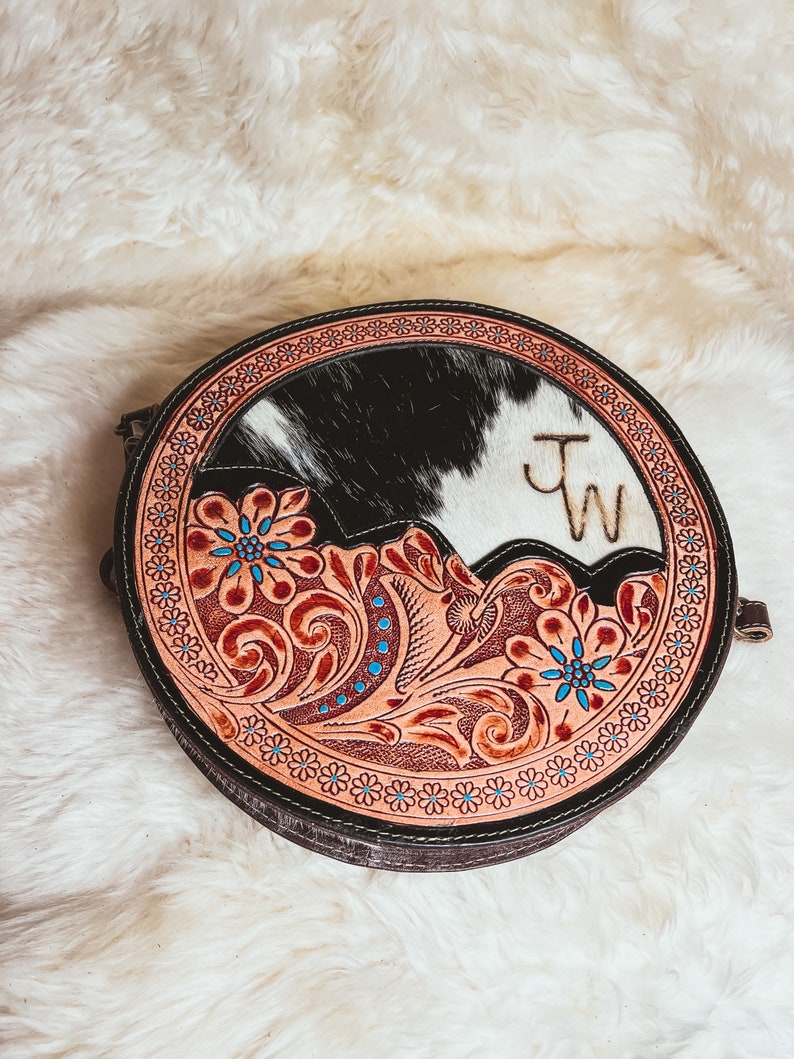 Custom Branded Cowhide Tooled Leather Round Crossbody Purse Etsy