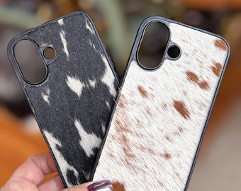 Custodia in pelle di vacchetta per iPhone 16 – Marrone e bianco o Nero e bianco