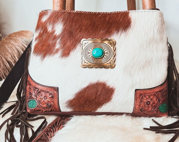 Custom Branded Cowhide Tooled Leather Crossbody Purse with Gold and Turquoise Belt Buckle Style Concho and Tooled Leather Guitar Strap