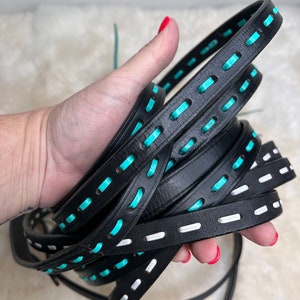 Leather Stitch Style continuous long Horse Reins Turquoise or White Stitch Horse Tack
