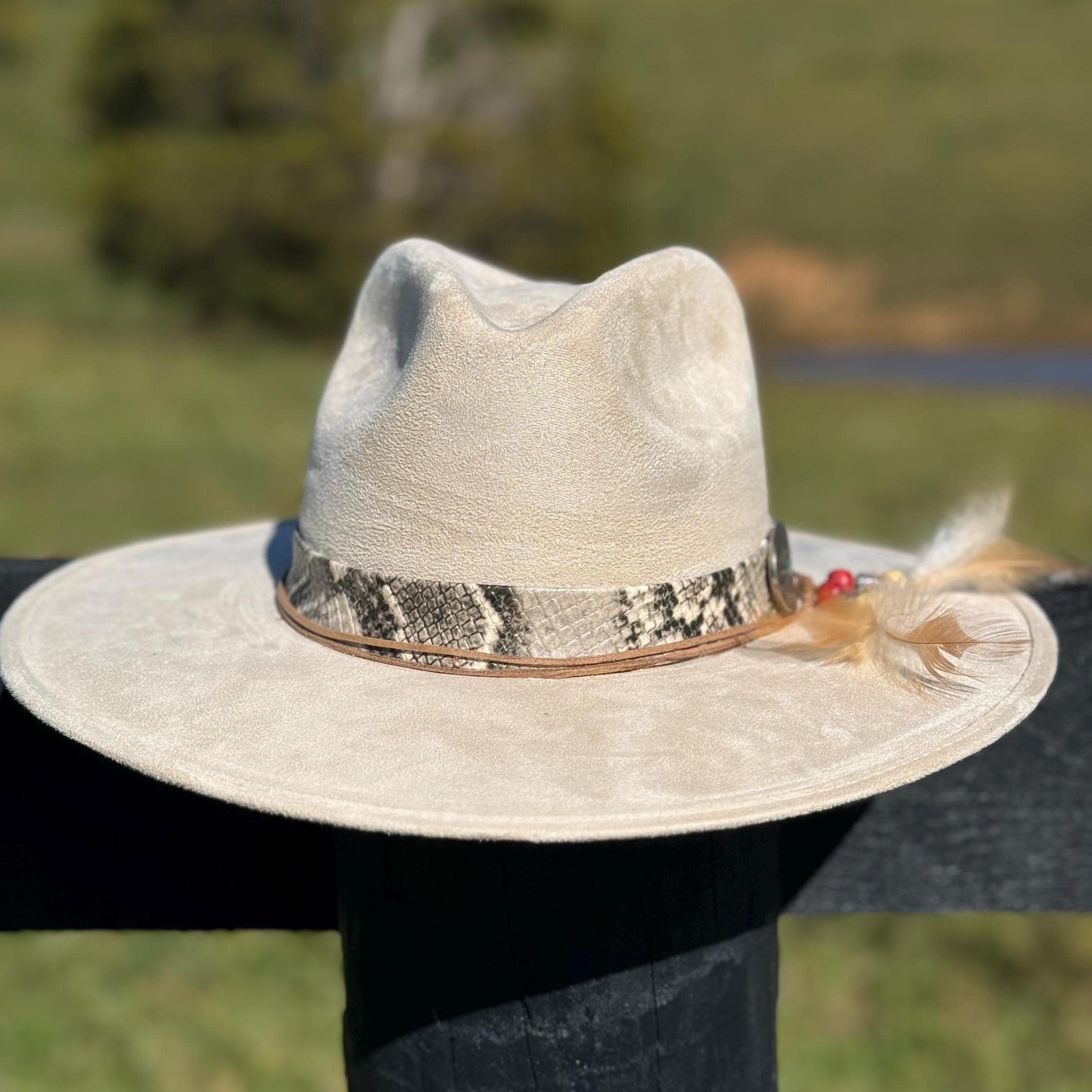 Faux Suede White Cowboy Hat with Snake Print Band HATB01 - Cobra Snake Print Leather Hat Band - Double J Saddlery main image 2