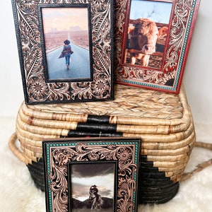 Hand Tooled Leather Photo Frame Western Cowgirl Cowboy Wedding,  Christmas, or Fathers Day Gift Bridal Shower New Baby Family Photo