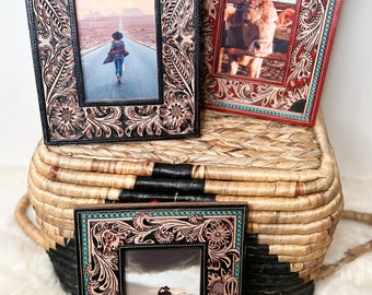 Hand Tooled Leather Photo Frame Western Cowgirl Cowboy Wedding,  Christmas, or Graduation Gift Bridal Shower New Baby Family Photo