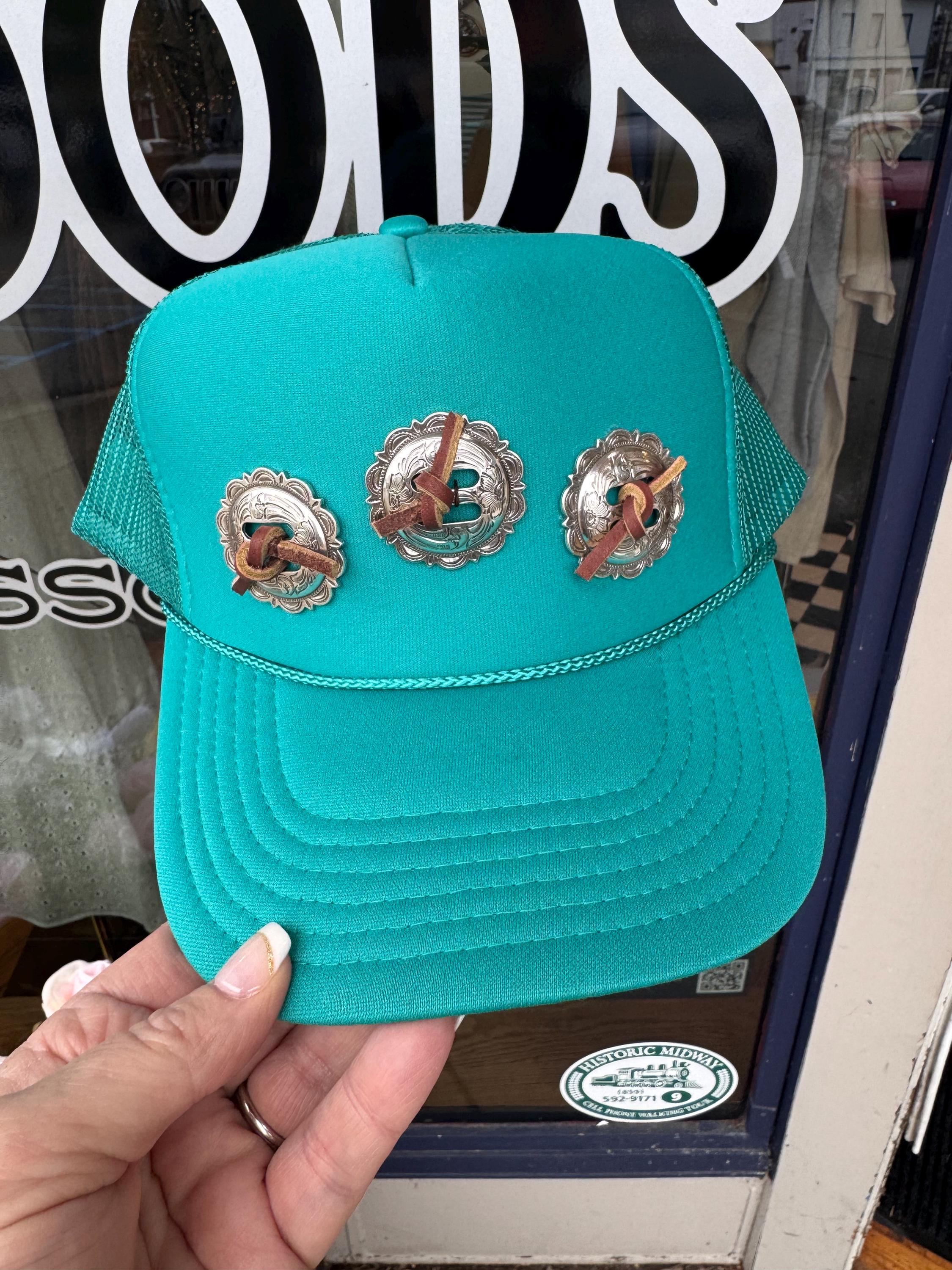 Turquoise Western Concho Trucker Hat | Hand Sewn Leather  display picture 2