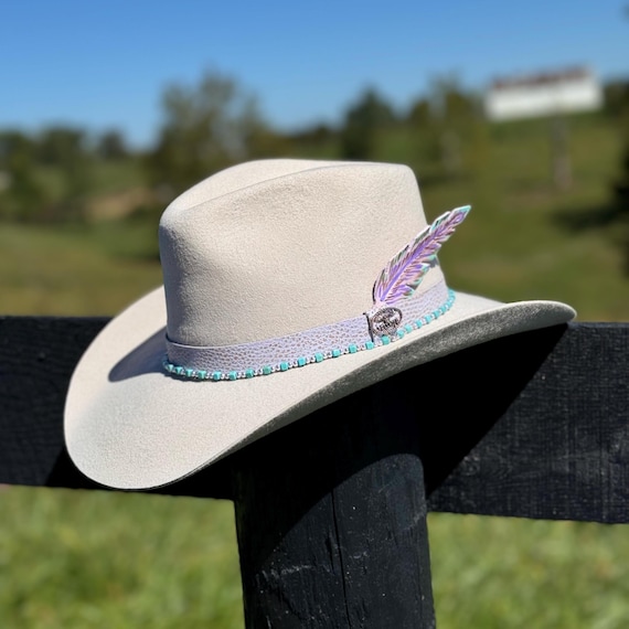 Western Wool Fedora Hat: Lavender, Turquoise Bead & Painted  display picture 3
