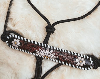 Hand Tooled Leather Horse Halter: Red Turquoise Flower or White Daisy