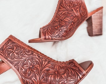 Tooled Leather Heels Sandals, Dress Shoes, High Heels, Western sandals, Wedding, Prom Shoes