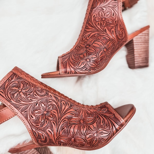 Tooled Leather Heels Sandals, Dress Shoes, High Heels, Western sandals, Wedding, Prom Shoes