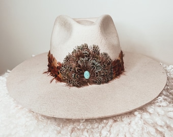 Retro Look Western Style Feather Hat Band with genuine Turquoise Stone Cowboy Hat Band, Cowgirl Hat Band