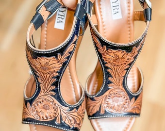 Tooled Leather Wedge sandals, Western sandals, Wedding, Prom Shoes